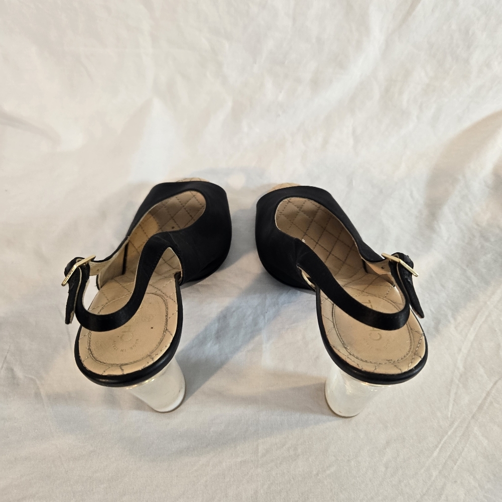 Chanel Women's Size 41 Black 2015 Runway Black Satin Lucite Heel Peep Toe Pumps - Picture 10 of 12
